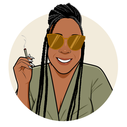 Ashley Jane cartoon black girl in green shirt, brown sunglasses, and smoking joint in hand.