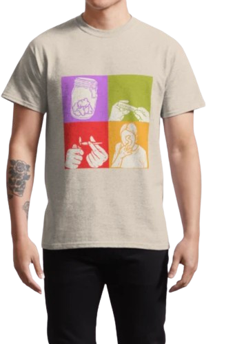 A t-shirt featuring rolling weed stages in pop art style.