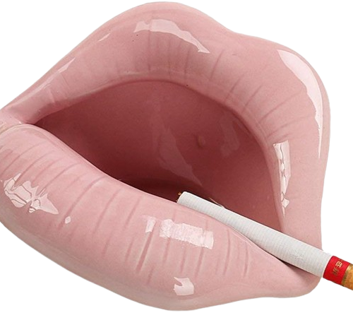 A pink ashtray with a lip design