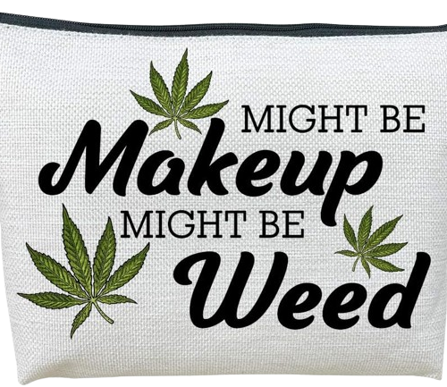 A makeup cosmetic bag with a marijuana leaf design.