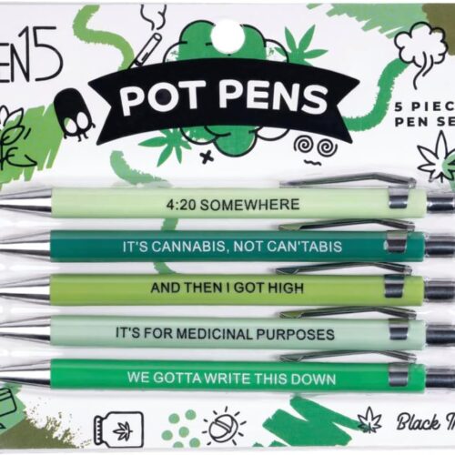 A set of cannabis-themed ballpoint pens with funny messages.