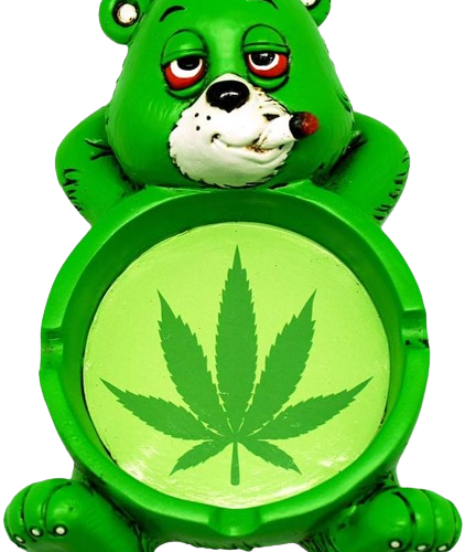 A green bear polyresin ashtray.