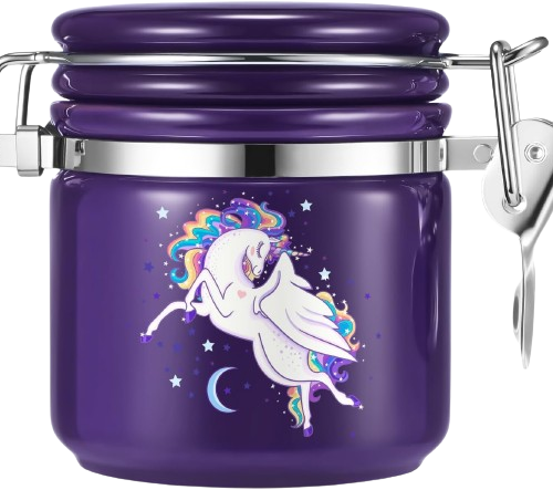 A unicorn-themed smell-proof stash jar