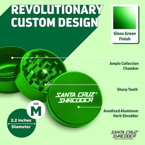 Green Santa Cruz grinder, one of the best cannabis grinders, available in different colors