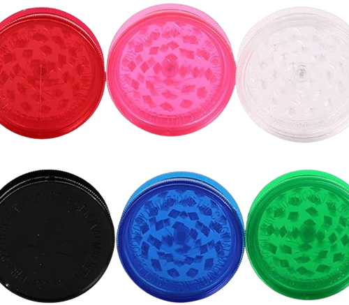 6-pack of plastic grinders in different colors, ideal for budget-friendly cannabis grinding